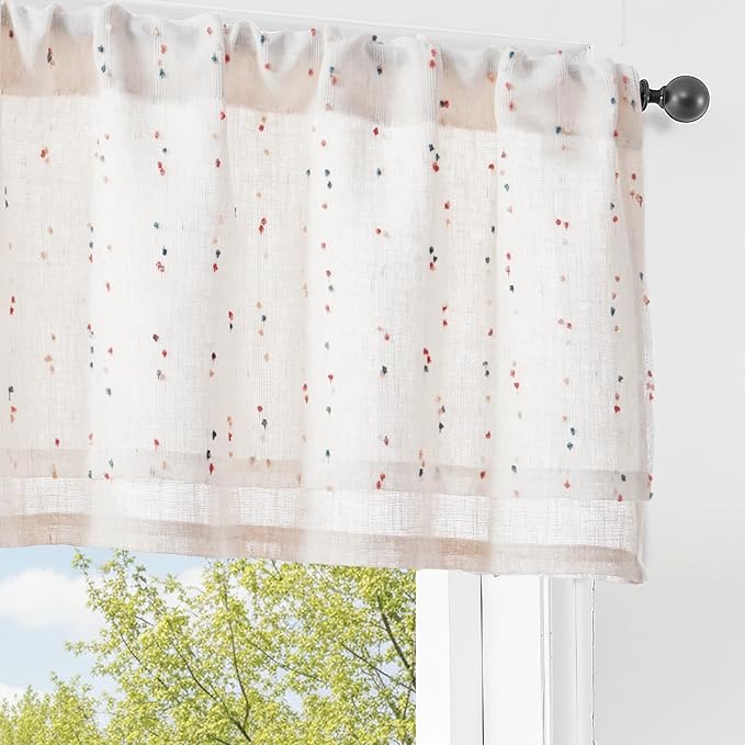 jinchan Kitchen Valance Curtain for Windows 16 Inch Mini Pom-Pom Double Layer Valance Linen Blend Country Window Treatment for Bedroom Living Room Light Filtering Rod Pocket 1 Panel Blush Meadow