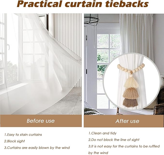 SRG Handmade Magnetic Wooden Bead Curtain Tiebacks 2 PCS | Simple Elegant Magnetic Tassel Curtain Tie Backs | Accessories Wall Decoration | Drapery Tiebacks for Bedroom Window Treatment