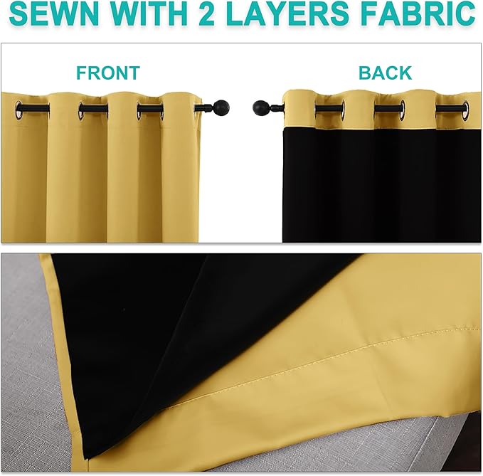 NICETOWN Total Shade Curtains and Draperies, Heavy-Duty Full Light Shading Drapes with Black Liner Backing for Villa/Hall/Dorm Window(Bright Yellow, Package of 2, 70 inches Wide x 95 inches Long)