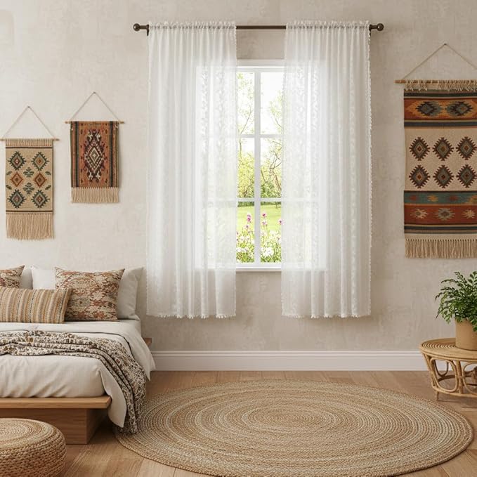 WAZZIO Boho Lace Curtains 2 Panels 63 Inches -Cute Vintage Victorian Sheer Panel Drape French Country Floral Pattern & Tassel Light Filtering Privacy for Bedroom Dining Living Room,White,W52x L63