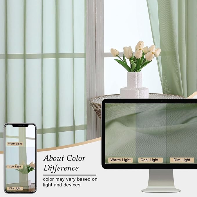 Sage Green Sheer Curtains 84 Inches Long 2 Panels Set for Bedroom Living Room, Soft Airy Light Filtering Modern Solid Rod Pocket Drapes Window Treatments, Each 59" W x 84" L