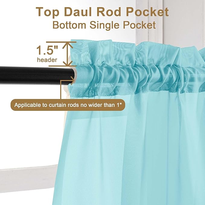 Chyhomenyc Sheer Curtains 54 Inch Long 2 Panels Set, Light Filtering Short Soft Airy Short Cafe Curtains, Modern Rod Pocket for Dinning Living Room Bedroom, Each 42Wx54L in, 2PCS, Aqua