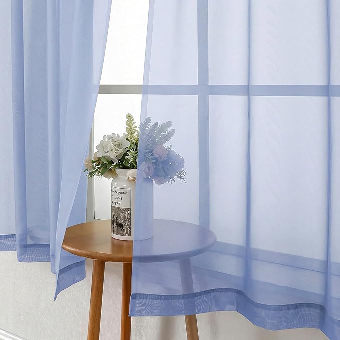Lecloud Denim Blue Sheer Curtains 54 Inch Length 2 Panels, Voile Light Filtering Bedroom Curtains for Living Room Windows, Rod Pocket Rustic Solid Drapes for Dining Room, Each Panel 42" W x 54" L