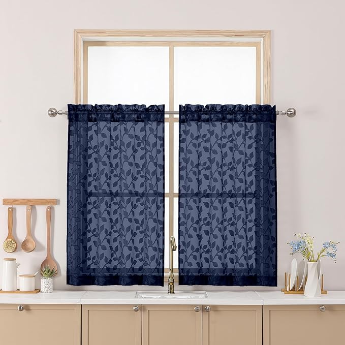 Chyhomenyc Navy Blue Sheer Curtains 36 Inch Length, Light Filtering Leaf Tufted Textured Small Window Kitchen Curtain Over Sink, Short Half Window Curtains for Bathroom Basement, 30" Wx36 L, 2 Panels