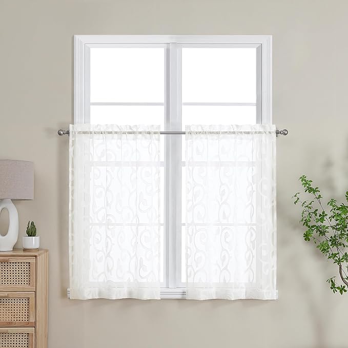 OWENIE Furman Ivory Sheer Kitchen Curtains Tiers 36 inch Length, Light Filtering Soft Clear Cafe Curtain for Living Room Bedroom Small Windows Half Curtains, 2 Pcs, Each 40Wx36L inch