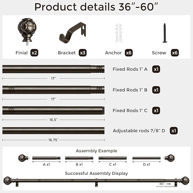 Bronze Curtain Rod, Heavy Duty 1 Inch Decorative Curtain Rods for Windows 30 to 56 Inch, Single-Side Adjustable Vintage Rustic Antique Brown Drapery Pole with Netted Texture Finials