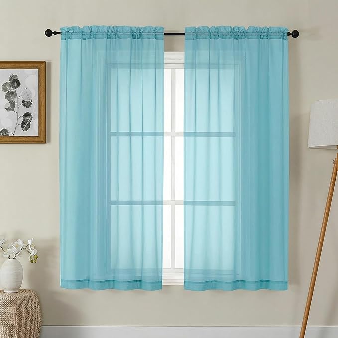 Gwine Sheer Curtains 63 Inch Length - Light Filtering Rod Pocket Window Curtain Panels for Bedroom, Elegant Soft Voile Living Room Sheer Drapes, Each 42Wx63L, 2 Panels, Aqua