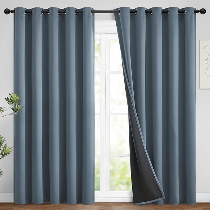 Yakamok 100% Blackout Lined Panels, Room Darkening Thermal Insulated Blackout Curtains for Bedroom, Heat Blocking Drapes for Living Room(62Wx96L, Stone Blue, 2 Panels)