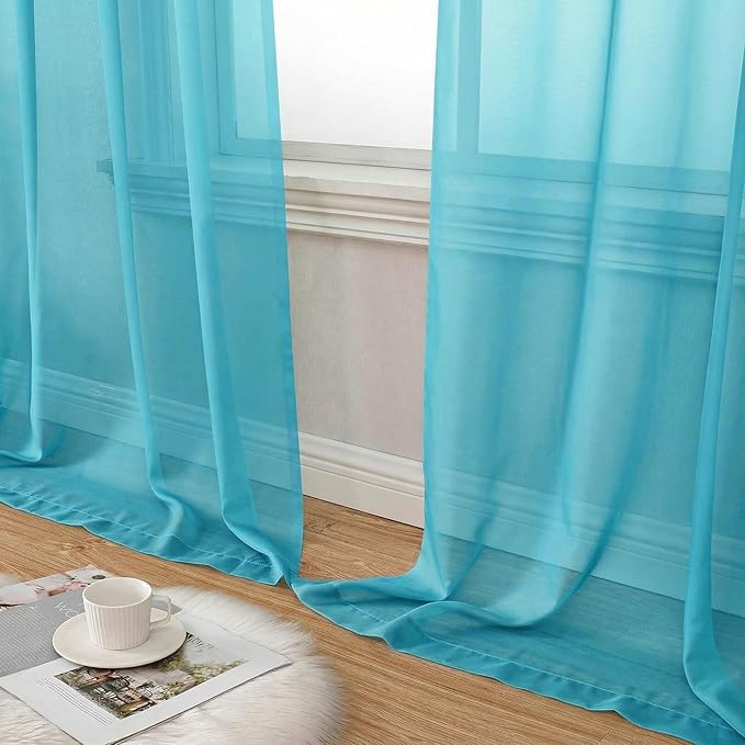 Sheer Curtains 84 Inches Long 2 Panels Set for Bedroom Living Room, Soft Airy Light Filtering Modern Solid Rod Pocket Drapes Window Treatments, Aqua, Each 42" W x 84" L