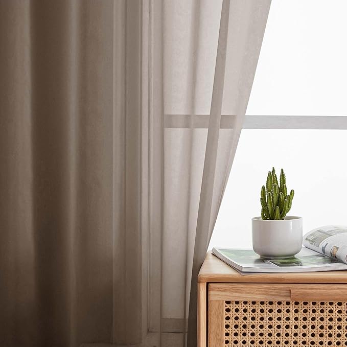 Sheer Chocolate Curtains for Bedroom Living Room 63 Inch Length 2 Panels, Airy Soft Light Filtering Sheer Dining Room Curtains, Modern Rod Pocket Drapes, Chocolate, Each 42" Wx63 L Inches
