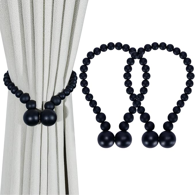 KLOGTSIND Magnetic Curtain Tiebacks, Curtain Tie Backs for Curtains 2 Pack, Wood Bead Curtain Tiebacks, Curtain Holders for Boho Bedroom Decor, Baby Nursery Decor, Farmhouse Decor