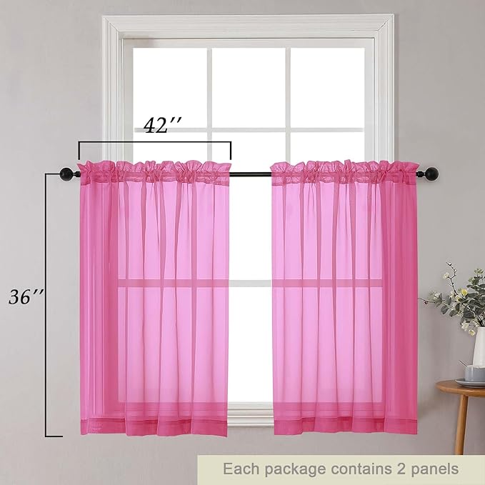 Cafe Curtains 36 Inch Length Tier 2 Pieces, Modern Soft Airy Sheer Kitchen Short Curtains for Small Window, Rod Pocket Small Curtain for Bathroom Basement, Hot Pink, Each, 42" Wx36 L Inches