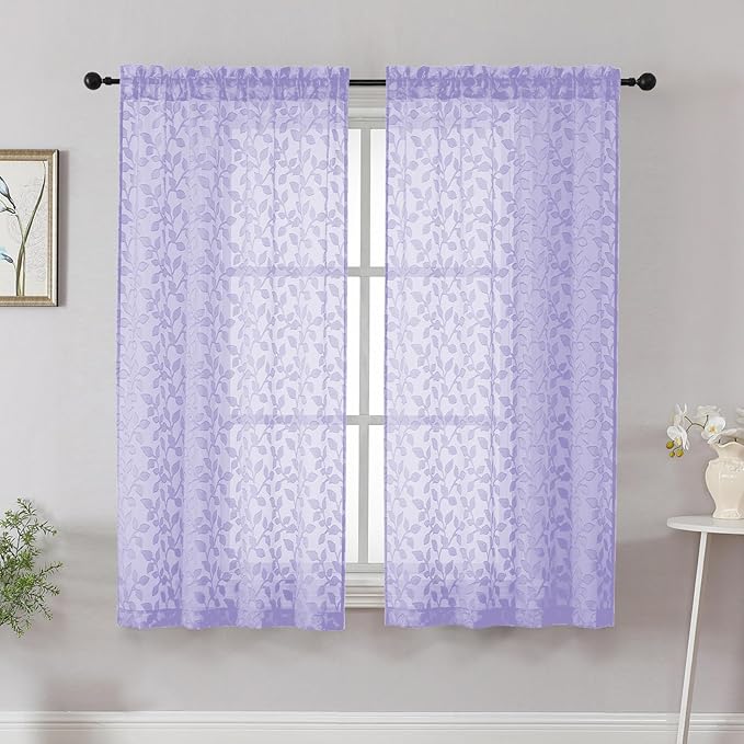 Chyhomenyc Light Purple Short Curtains 45 Inch Length 2 Panels, Light Filtering Leaf Textured Window Curtain Panels for Bedroom Living Room, Elegant Rod Pocket Farmhouse Curtains, 30" Wx45 L, 2 PCS