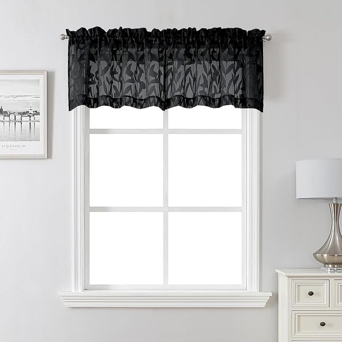 Lecloud Leia Black Sheer Valances for Windows 16 Inch Length 2 Pcs, Jacquard Leaf Textured Short Kitchen Curtains Over Sink, Dual Rod Pocket Cafe Curtains for Bathroom, Each Panel 28" W x 16" L
