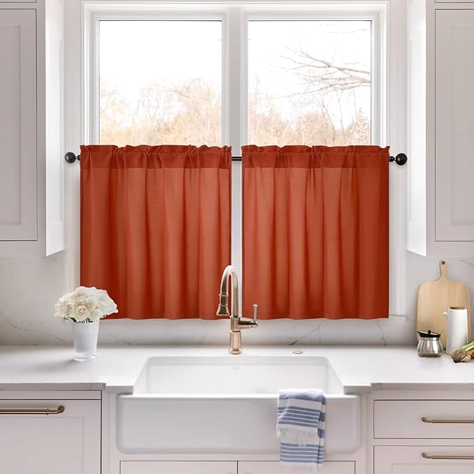 HOMEIDEAS Non-See-Through Fall Burnt Orange Privacy Sheer Kitchen Curtains, 30 X 24 Inches Long 2 Panels Short Sheer Curtains Light Filtering Bathroom Window Drapes for Bedroom Living Room