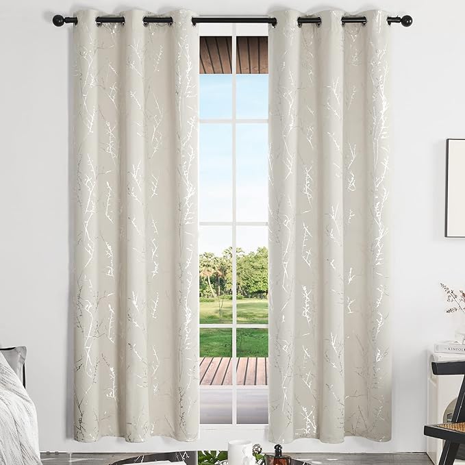 Deconovo Beige Blackout Curtains, Boho Farmhouse Curtain, Thermal Insulated Soundproof Drapes, Silver Branch Print, 42 x 84 Inch Long, Machine Washable Window Panels for Living Room Bedroom, Set of 2