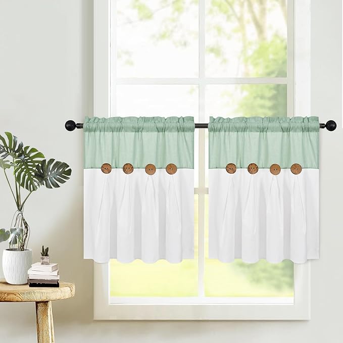 FRAMICS Boho Kitchen Curtains 24 Inch Length, Farmhouse Cotton Linen Tier Curtains, Rustic Button Short Curtains for Windows, Sage Green Country Cafe Curtains, Rod Pocket Small Window Curtains, 26x24