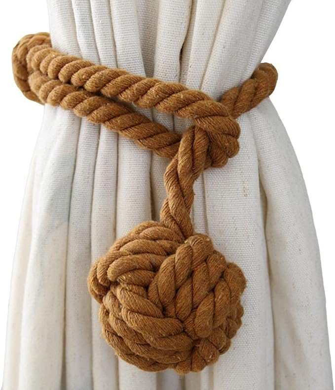Melaluxe 2 Pack Curtain Tiebacks - Heavy Duty Curtain Rope Tieback, Handmade Rural Decorative Curtain Holdbacks (Light Coffee)