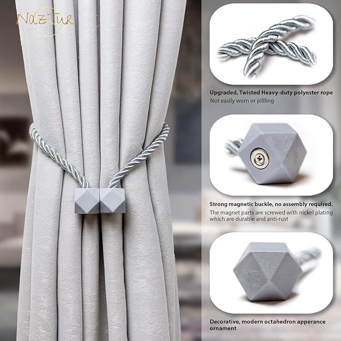 NazTur Magnetic Curtain Tiebacks- Upgrade 2022 with a Thicker Twist Rope & Strong Magnet Tieback Window Treatment Holdbacks Draperies Holders Decorative Drape Handmade Tie Back (Grey, 2)