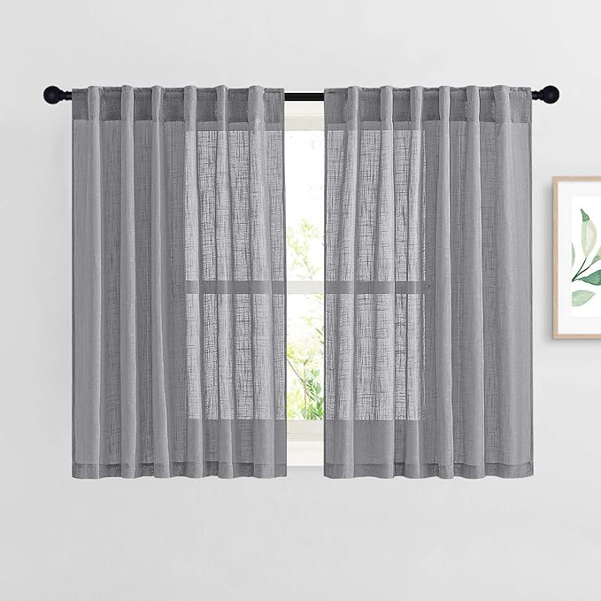 NICETOWN Bathroom Window Curtains 45 inch Length, Natural Linen Textured Rod Pocket & Back Tab Semi Sheer Short Curtains Privacy with Light Through for Bedroom/Living Room, 52" Wide, Grey