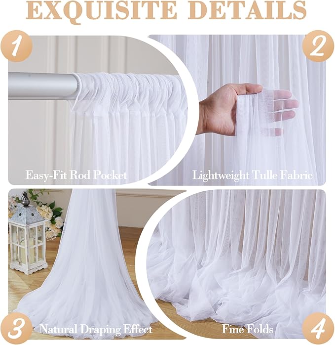 10ft x 12ft White Tulle Backdrop Curtain for Parties Sheer Fabric Backdrop Curtains for Wedding Baby Shower Bridal Shower Birthday Photo Backdrop Drapes Background Wall Decorations 2 Panels 5ft x 12ft