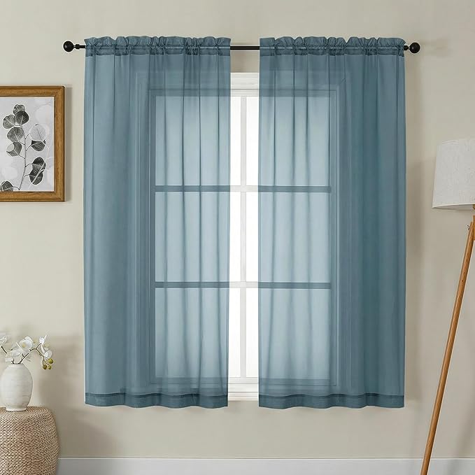 Gwine Sheer Curtains 63 Inch Length - Light Filtering Rod Pocket Window Curtain Panels for Bedroom, Elegant Soft Voile Living Room Sheer Drapes, Each 42Wx63L, 2 Panels, Dusty Blue