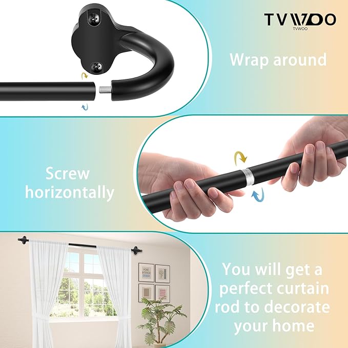TVWOO Black Wrap Around Curtain Rods:5/8" Small Blackout Adjustable Window Curtain Rod for Bedroom Kitchen Apartment Renter Friendly,Room Darkening Curved Drapery Rods Easy Install,Matte Black 36-72"