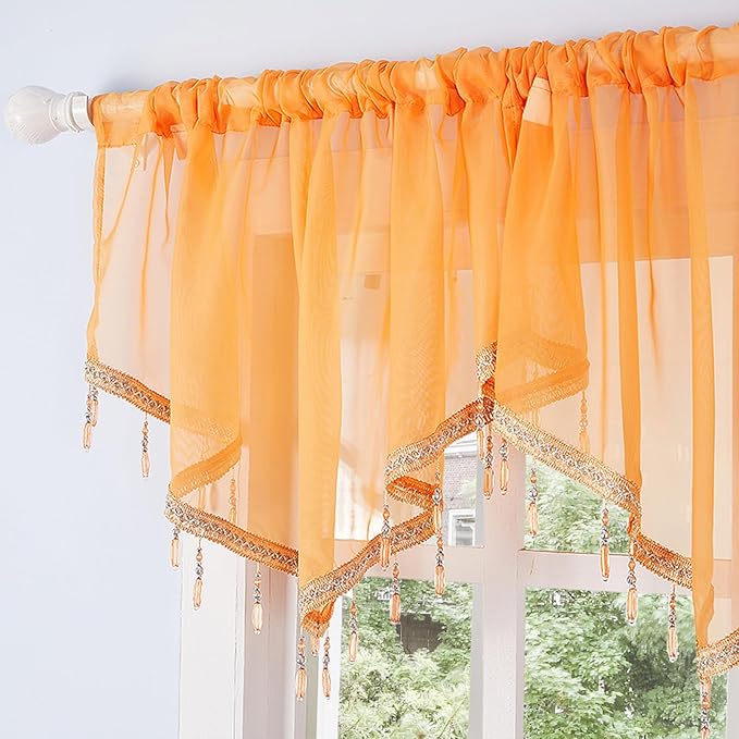 Molaxhome Swag Curtain 51 inch Length Rod Pocket Scalloped Curtain Valance Sheer Lace Panels with Hanging Crystal Beads for Kitchen Bedroom Window Treatments Drape Decor 1pc (Orange, 51Wx23L)