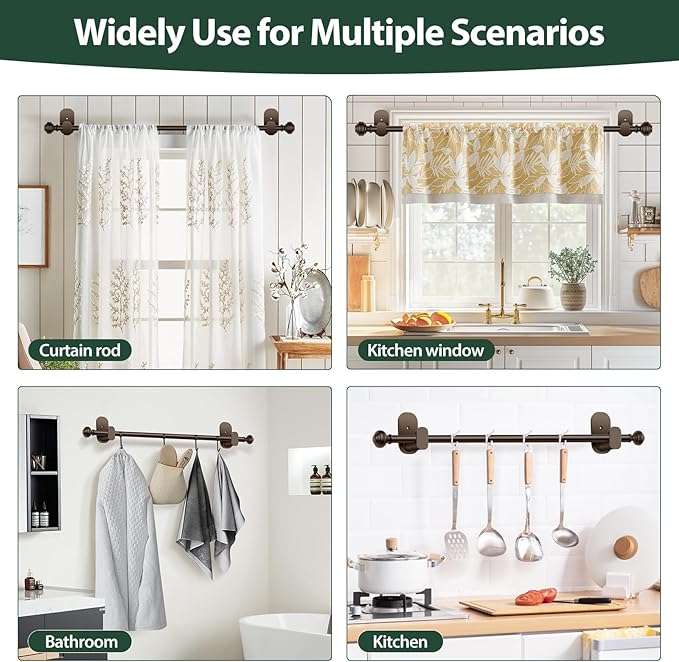 KAMANINA Curtain Rods No Drilling for Windows 32 to 86 Inches, 5/8 Inch Diameter Adjustable Curtain Pole with Adhesive Brackets, Bronze