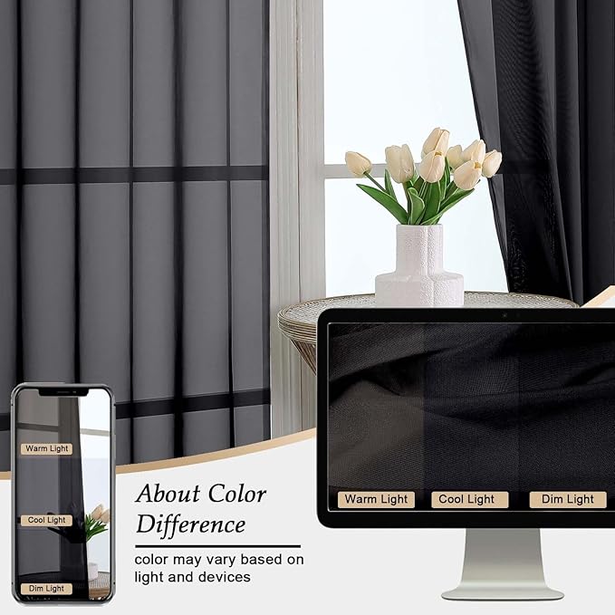 Black Sheer Curtains 84 Inches Long 2 Panels Set for Bedroom Living Room, Soft Airy Light Filtering Modern Solid Rod Pocket Drapes Window Treatments, Black, Each 59" W x 84" L