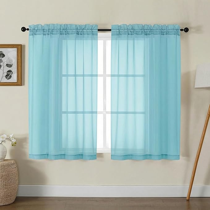 Gwine Sheer Curtains for Living Room 45 inch Length - Light Filtering Voile Window Curtain Panels for Bedroom, Soft Rod Pocket Sheer Curtain Drapes, Each 42Wx45L, 2 Panels, Aqua