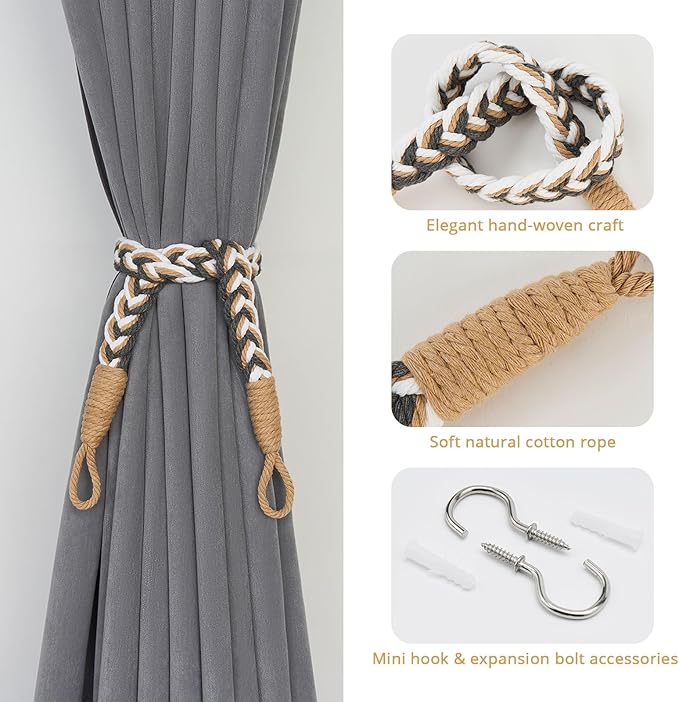 NICEEC 4 Pack Natural Cotton Rope Curtain Tiebacks Elegant Boho Style Decorative Drape Tie Backs Soft Hand-Woven Rope Curtain Holdbacks with Metal Hook for Home & Office Drapery (Grey & Beige)