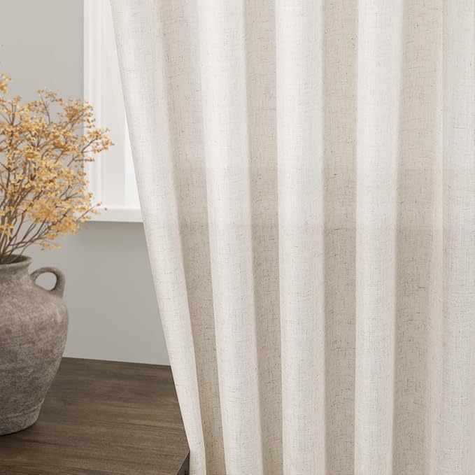 Nanspring Beige Linen Blend Light Filtering Curtains 86 Inches Long 2 Panel Set Pocket Back Tab Tan Beige Privacy Semi Sheer Decorative Decor Curtain Drapes for Bedroom Living Room 52x86