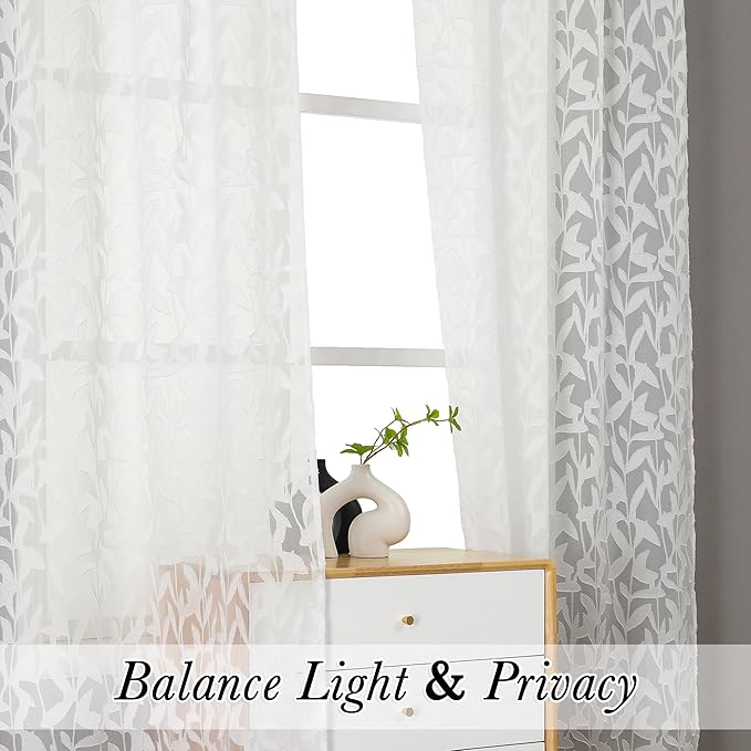 Lecloud Leia Texture Semi Sheer Ivory Curtains 84 Inches Long 2 Panels, Jacquard Clip Double Rod Pockets Kitchen Window Curtain with Leaf, Airy Durable Gauzy Drapes for Bedroom, 40 W x 84 L
