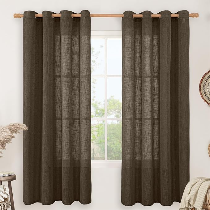 LAMIT Dark Brown 72 inch Linen Curtains for Living Room 2 Panels, Linen Textured Light Filtering Semi Sheer Bronze Grommet Farmhouse Curtain Panels for Bedroom/Farmhouse, 52 x 72 Inch