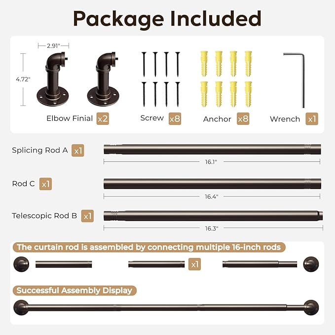 Zeerobee Curtain Rods for Windows 32 to 48, 1 Inch Industrial Wrap Around Antique Bronze Curtain Rod, Indoor/Outdoor Room Divider Adjustable Drapery Pole, 32"-48"