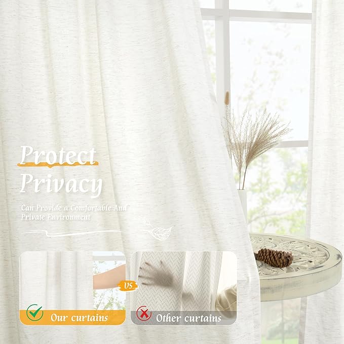 LAMIT Natural Ivory Linen Curtains for Windows 2 Panels Set, 48 Inch Faux Linen Textured Light Filtering Drapes Soft Rod Pocket Boho Privacy Panels for Farmhouse/Loft, 42 x 48 Inch