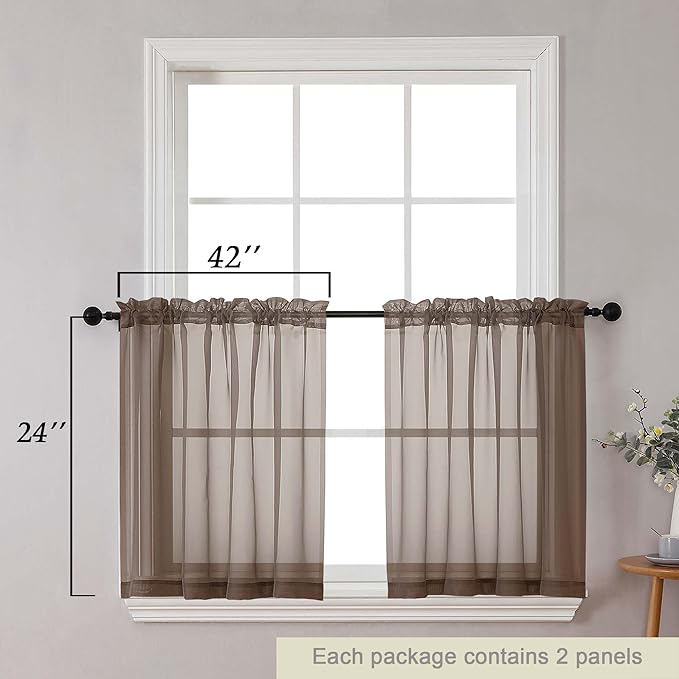 Kitchen Curtains 24 Inch Length Tier 2 Pieces, Chocolate Sheer Curtain Solid Soft Sheer Short Curtains for Windows, Cafe Bathroom Basement Rod Pocket Drapes, Chocolate, Each 42"Wx24"L Inches