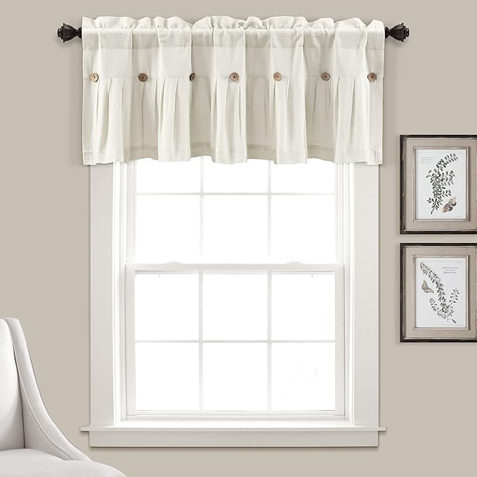 Lush Decor Linen Button Farmhouse Valance Curtians 52"W x 18"L Off White - Linen Valances For Windows - Kitchen Curtains Valances - Bathroom Curtain