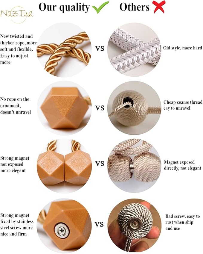 NazTur Magnetic Curtain Tiebacks- Upgrade 2022 with a Thicker Twist Rope & Strong Magnet Tieback Window Treatment Holdbacks Draperies Holders Decorative Drape Handmade Tie Back (Gold, 4)