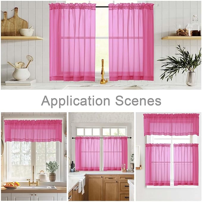 Hot Pink Valances for Windows, Hot Pink Sheer Curtains 14 Inch Length 2 Pack Kitchen Drapes, Modern Solid Mini Small Window Curtains for Cafe Bathroom Basement, 42" Wx14 L Inches