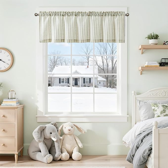 jinchan Valance Curtain Linen Textured Striped Window Curtain for Living Room Light Filtering Farmhouse Valance for Kitchen Rod Pocket 1 Panel 16 Inch Sage Green on Linen 1 Panel