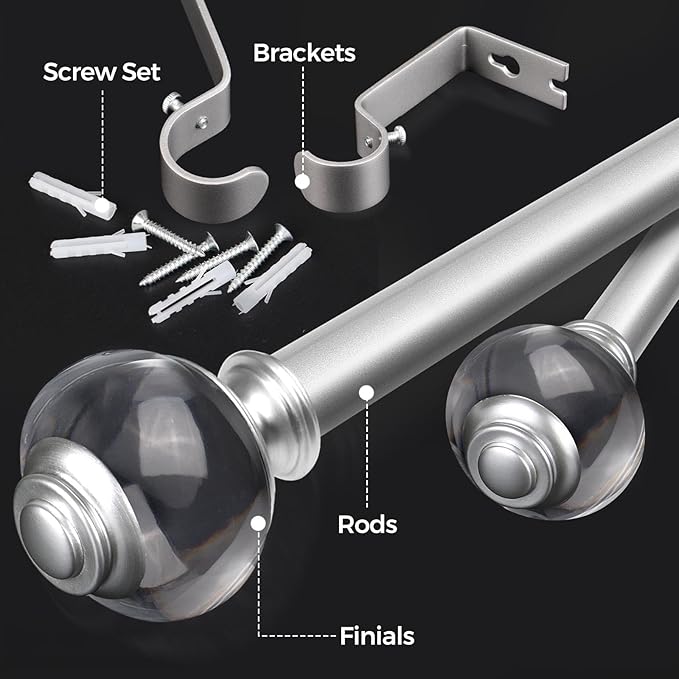 Curtain Rods for Windows 48 to 84, USFOOK 7/8 Inch Telescoping Splicing Drapery Rods 32 to 86 Inch, Decoration for Home with Light Silver Translucent Finials
