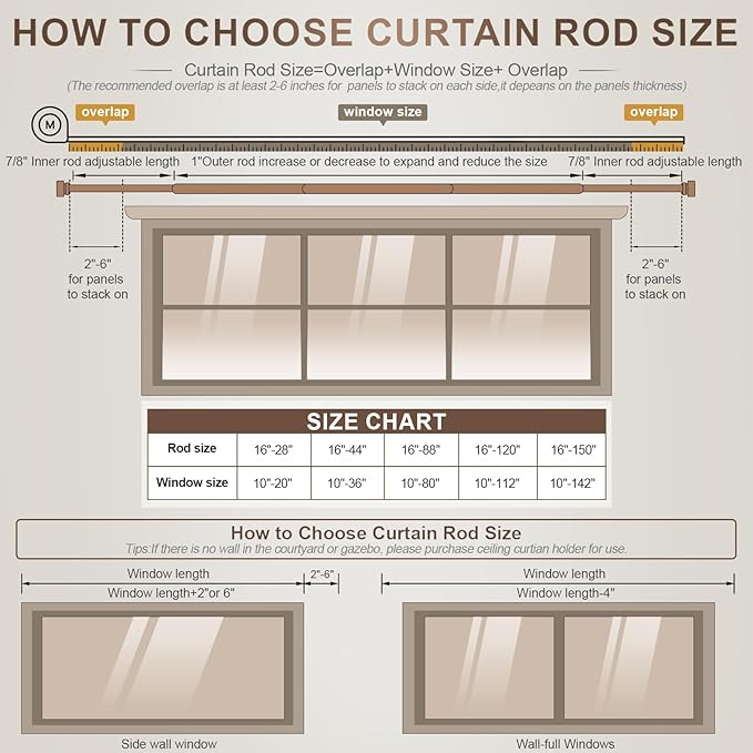 Lootkell Modern Brown Curtain Rods for Windows 72 to 144 Inches Adjustable Length Heavy Duty 1" Diameter Window Curtain Rod with Decorative Finials for Outdoor Farmhouse Bedroom Kitchen Living Room