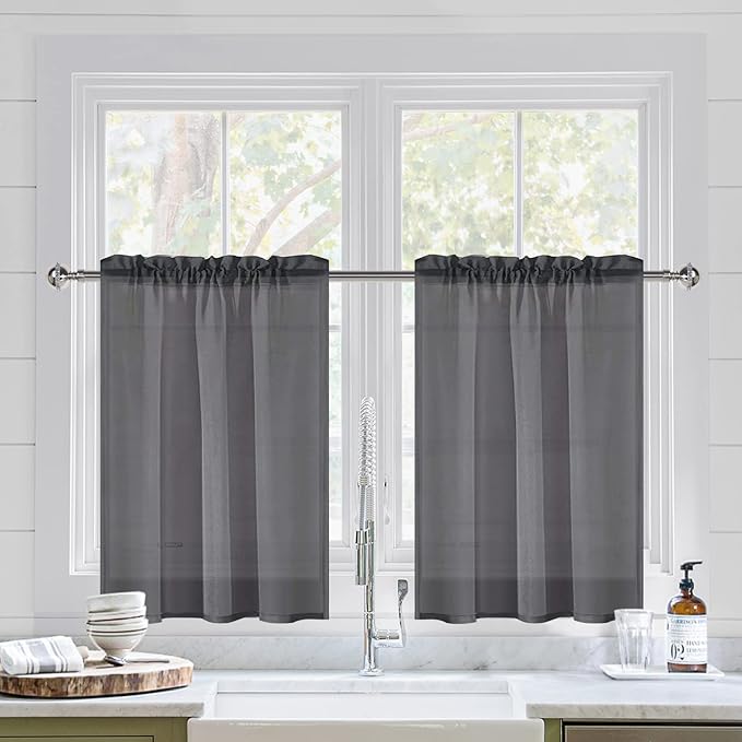 DWCN Dark Grey Sheer Curtains for Kitchen Windows - Rod Pocket Semi Transparent Voile Tier Curtains for Bedroom, Living Room, Farmhouse, 36 x 36 inches Long, Set of 2 Panels