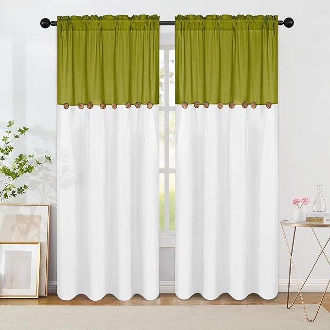 FRAMICS Farmhouse Cotton Linen Curtains for Living Room, Rustic Button Curtains 84 Inch Length 2 Panels, Boho Linen Window Curtain for Bedroom Rod Pocket Drapes, 52 x 84 Inch, Fresh Green and White