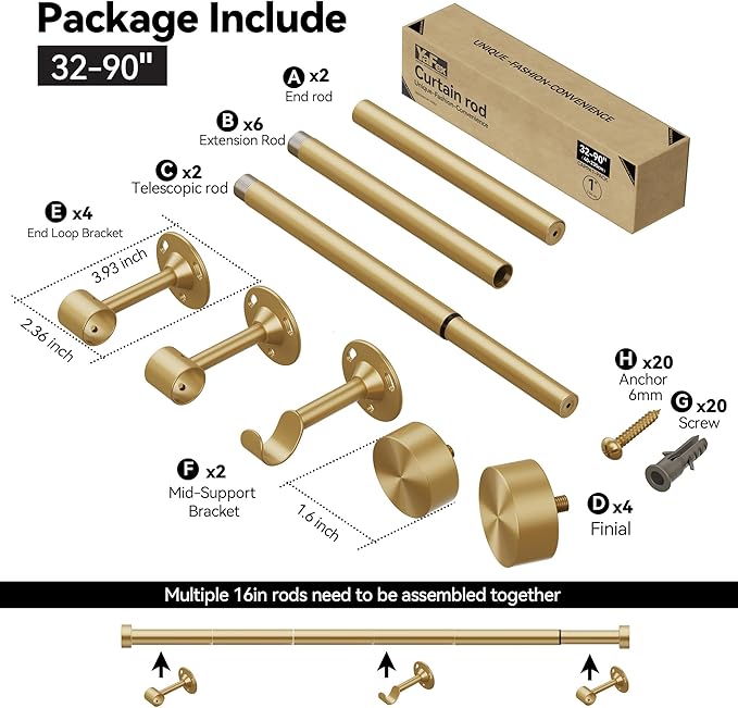 YaFex 2 Pack Heavy Duty Curtain Rods 32-90 Inch, 1 Inch Adjustable Gold Curtain Rod for Windows, Long Window Treatment Rods Set with Aluminium Finials, Modern Design