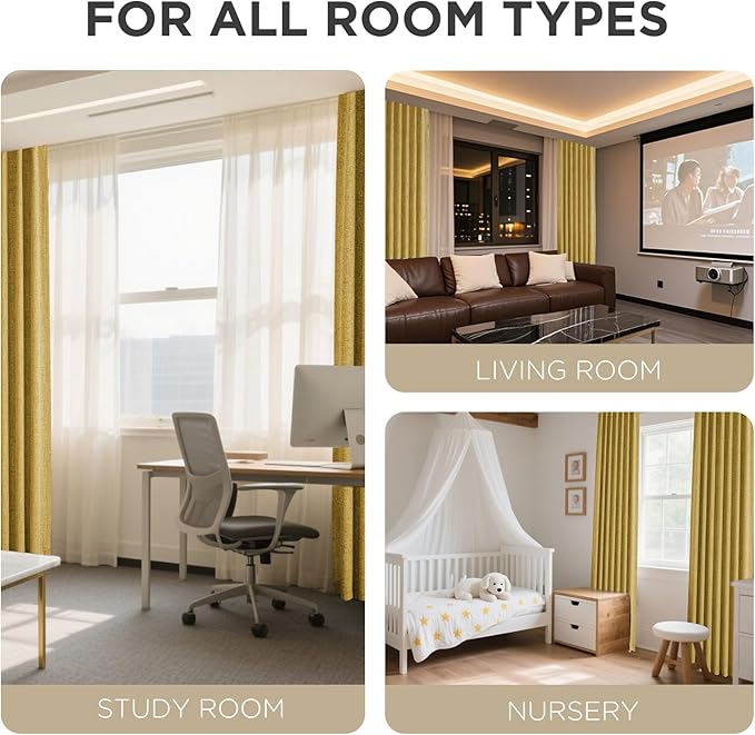 Joydeco Linen Blackout Curtains for Bedroom - 100% Light Blocking 1 Panels, Yellow Drapes 70" W x 96" L, Thermal Insulated Room Darkening Curtains for Living Room, Rod Pocket & Back Tabs