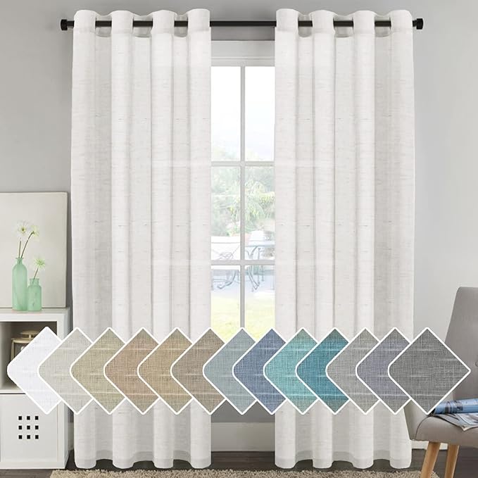 H.VERSAILTEX White Linen Curtains 96 inches Long Natural Linen Blended Semi-Sheer Curtains with Nickel Grommet for Living Room, Privacy Assured (52 by 96 Inch, Set of 2, White)