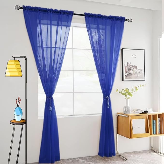 SpaceDresser Basic Rod Pocket Sheer Voile Window Curtain Panels Sapphire 1 Pair 2 Panels 52 Width 36 Inch Long for Kitchen Bedroom Children Living Room Yard（Sapphire, 52W x 36L）